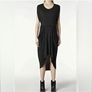 All Saints Zoe Yunao Dress Modal Silk With Pockets Split Sleeve High Low Black